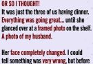 When my son brought his girlfriend home to meet me, I thought it would be an ordinary dinner. My husband was supposedly away on a business trip… until she saw his photo and turned pale. What she confessed next shattered everything I thought I knew about my marriage. 💔😳